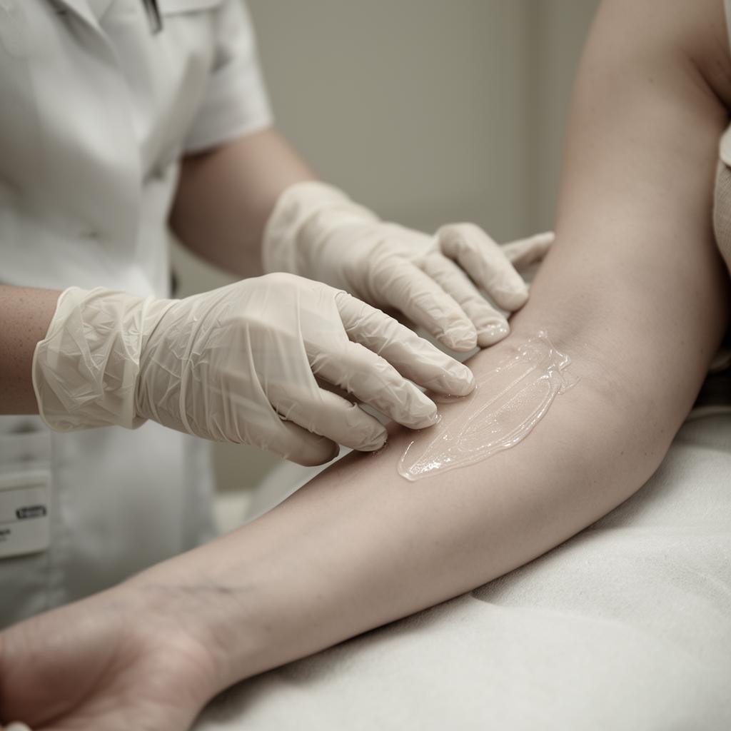 Nurse applying soothing aftercare gel to a client's arm after a laser tattoo removal session