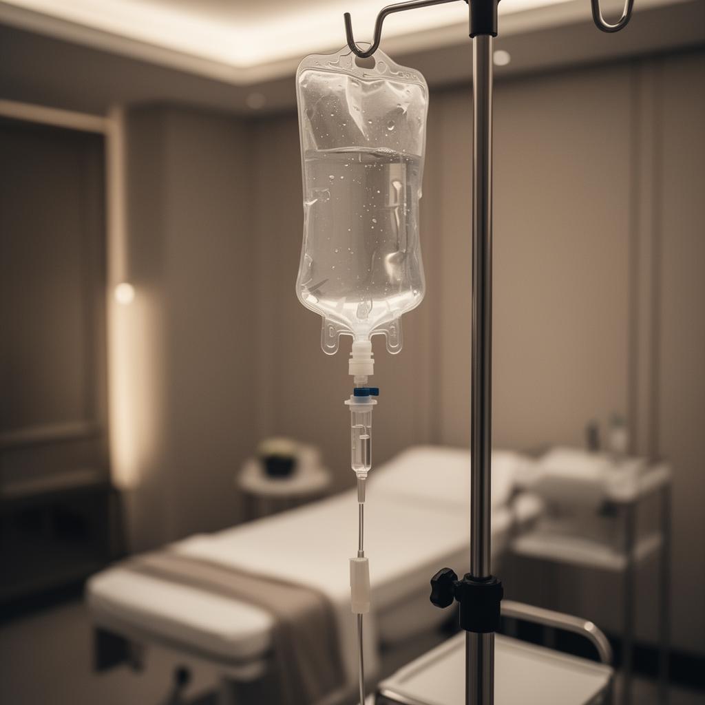 IV therapy drip in a refined clinical treatment room — supportive hydration after tattoo removal