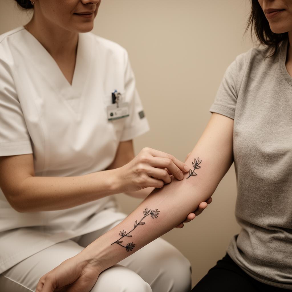 Registered nurse reviewing a tattoo with a client before laser tattoo removal