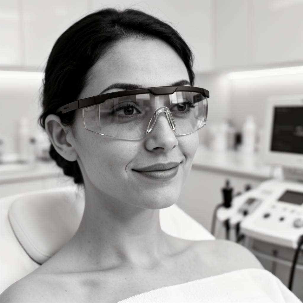 Client wearing protective laser safety eyewear in a clean treatment room